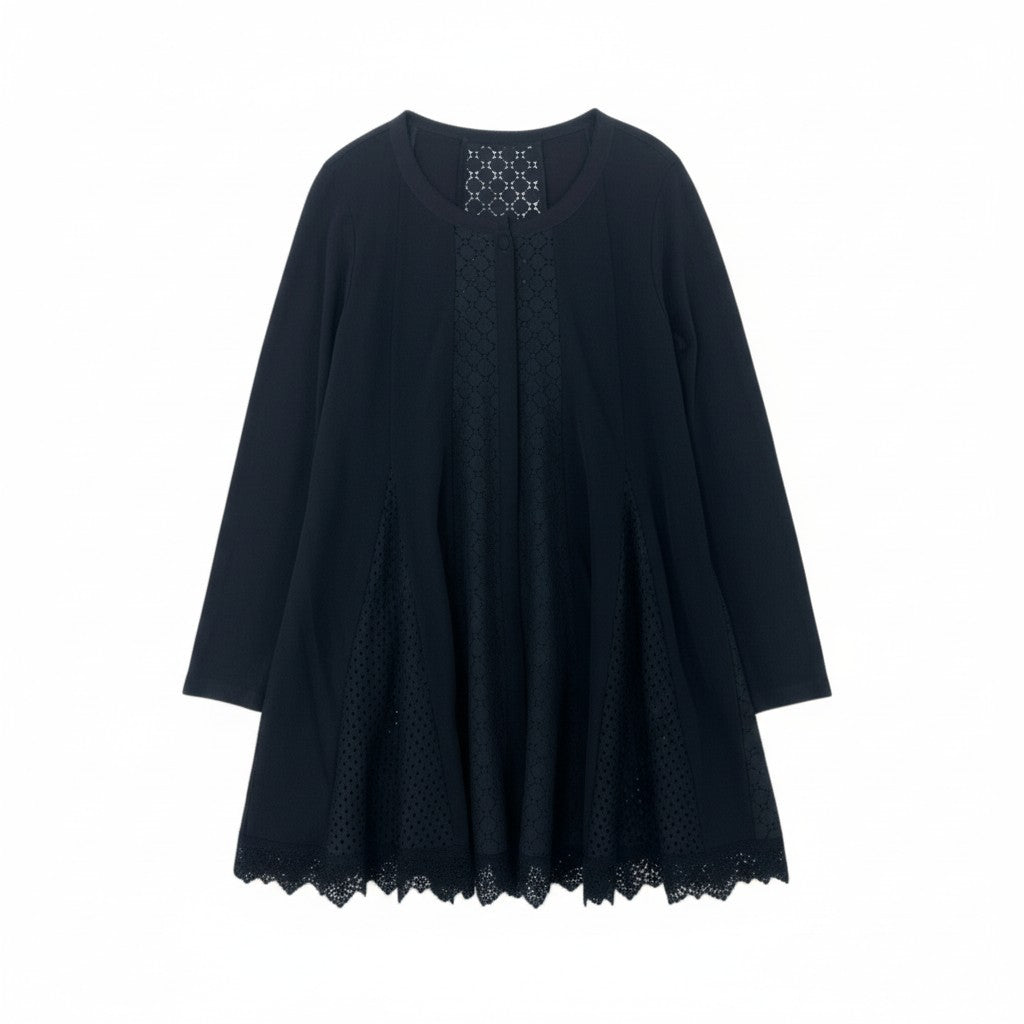 76k21《美品》 TOKUKO 1er VOL トクコプルミエヴォル ノーカラー ロングカーディガン 長袖 カットワークレース レディース 女性用 9 ブラックu02t