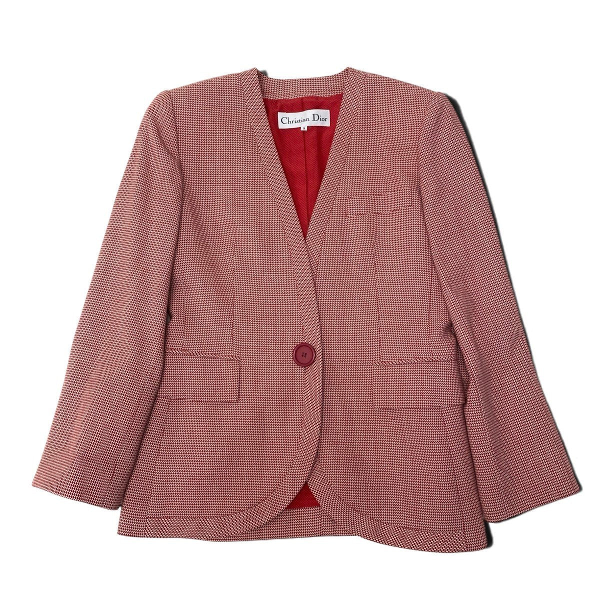 Eh10 Christian Dior クリスチャンディオール ノーカラージャケット ウールジャケット 総柄 サイズ9 レッド ホワイト レディースo07t