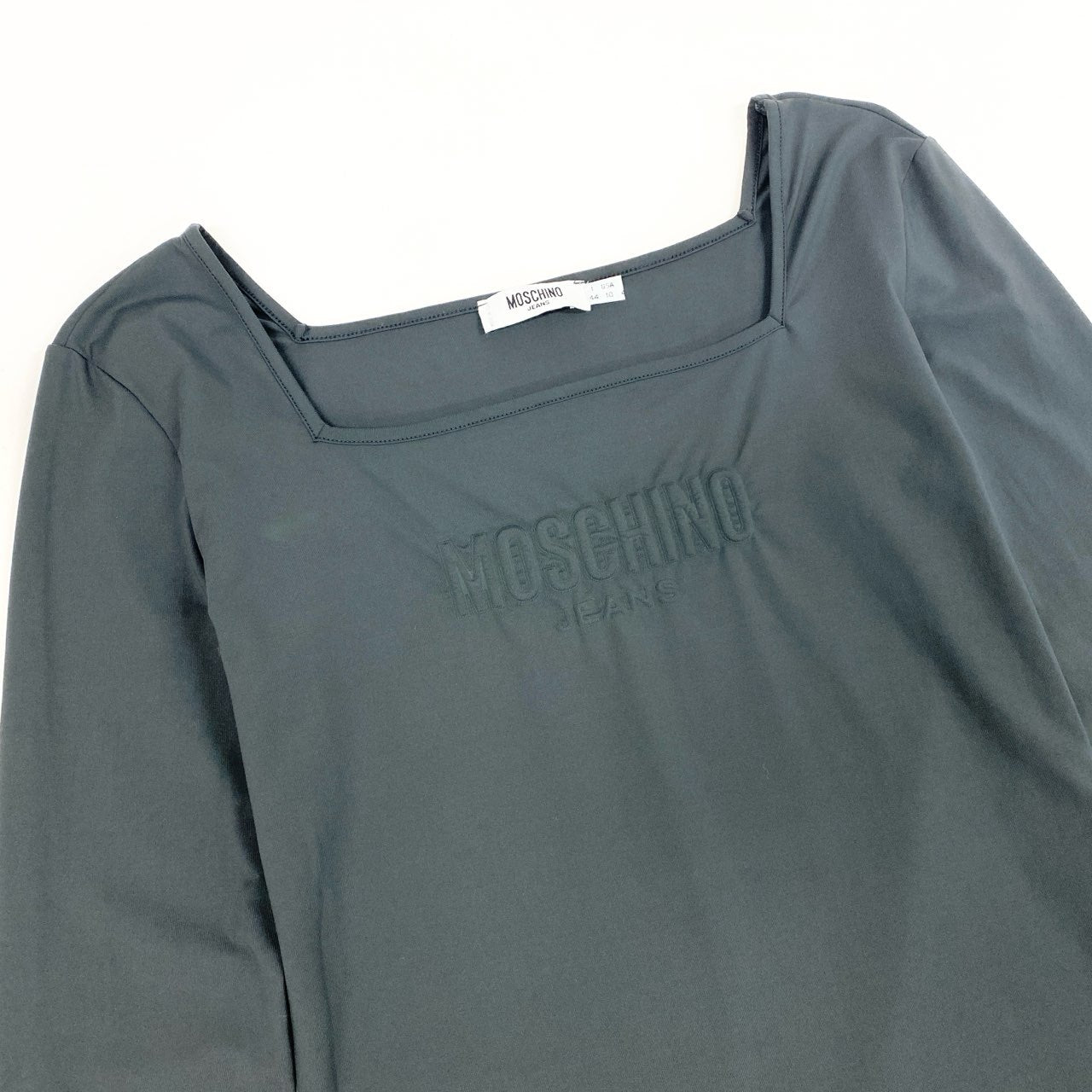 Eb10 【美品】MOSCHINO モスキーノ ストレッチロングスリーブTシャツ スクエアネック エンボスロゴ 44サイズ グレー レディース 女性用u02t