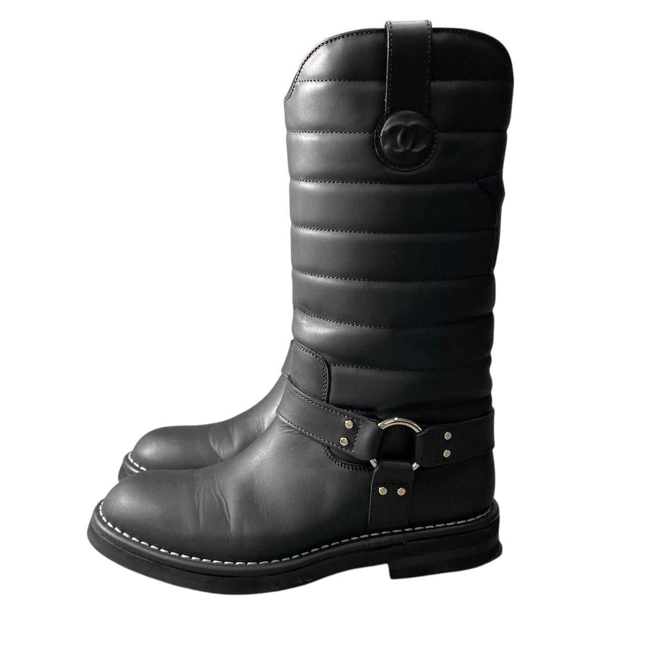 g7【美品】CHANEL エンジニアブーツ スターモチーフ キルティングレザー G30209 38サイズ ブラック レザー レディース 女性用u02t