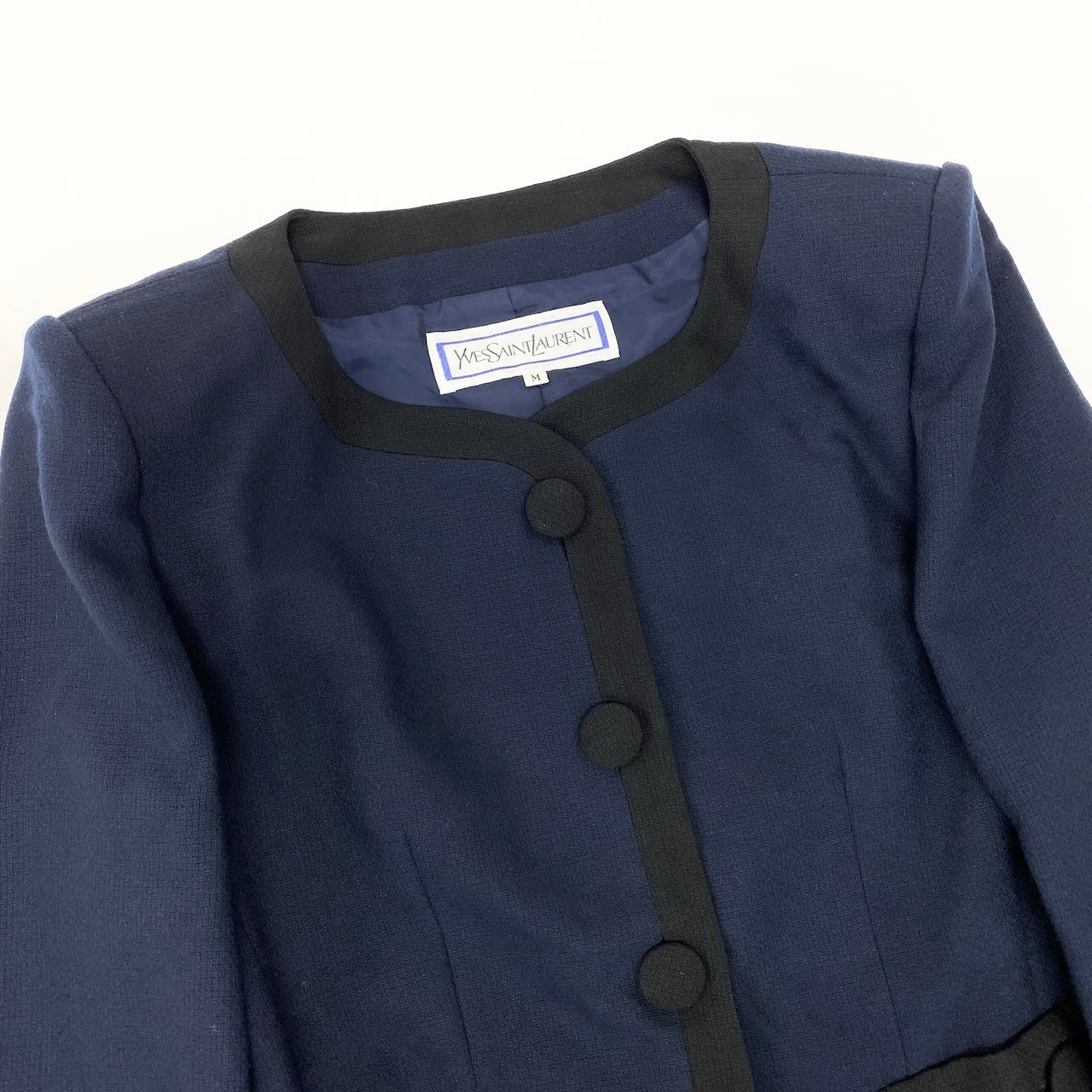 62c30 【新品保管品】Yves Saint Laurent イヴサンローラン スカートセットアップ ジャケット タイトスカート バイカラー Mサイズ ネイビー ブラック ウール100％ レディース 女性用u02t