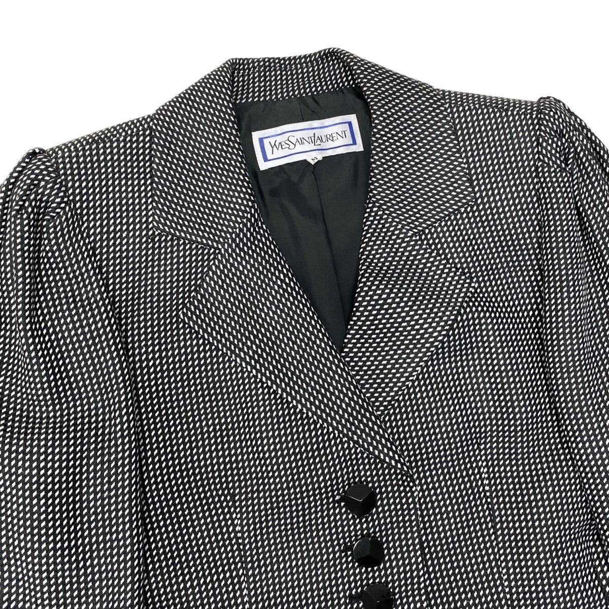 87h25 YVES SAINT LAURENT イヴサンローラン テーラードジャケット 総柄 シルクブレンド サイズM ブラック ホワイト レディースo07t