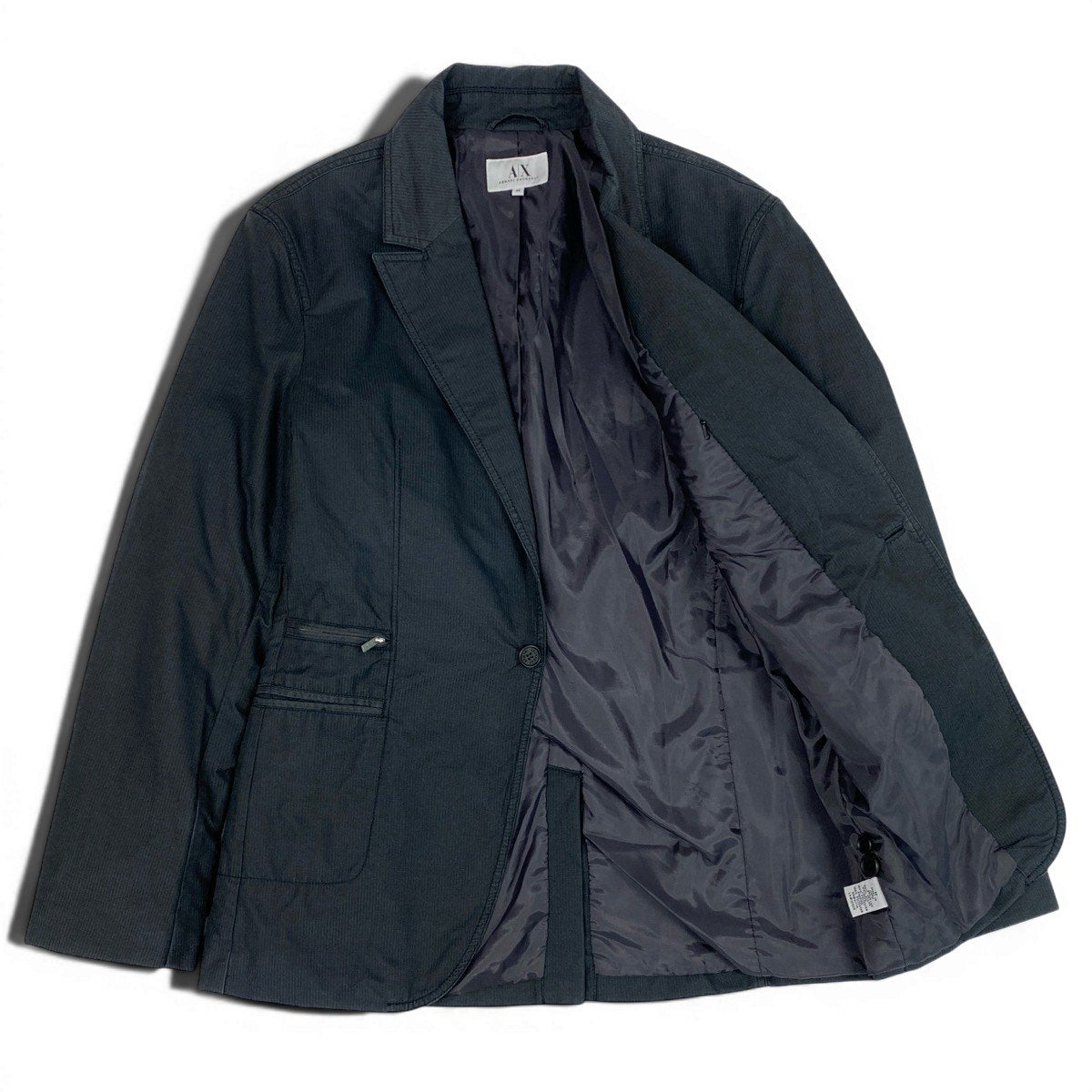 7f4 ARMANI EXCHANGE アルマーニエクスチェンジ セットアップスーツ シングル 中綿 ストライプ柄 サイズM/28REG ネイビー メンズ 紳士服o07t