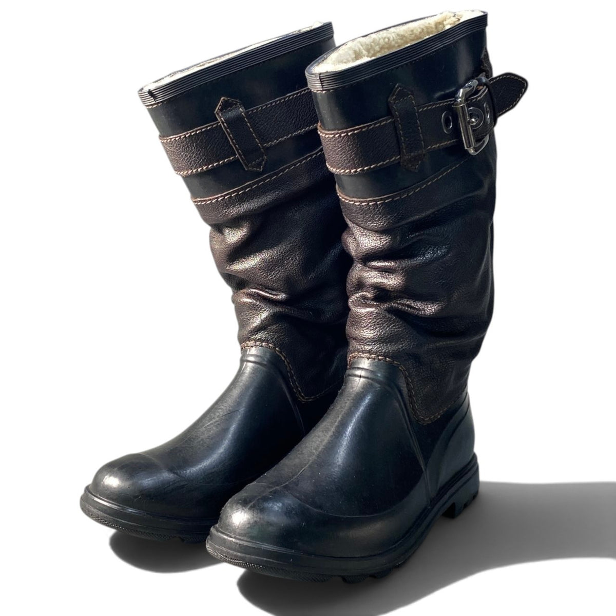 1i16 D&G DOLCE&GABBANA ドルチェアンドガッパーナ ヴィンテージ レインブーツ 切替裏ボアロングブーツ 42サイズ ダークブラウン レザー ラバー レディース 女性用u02t