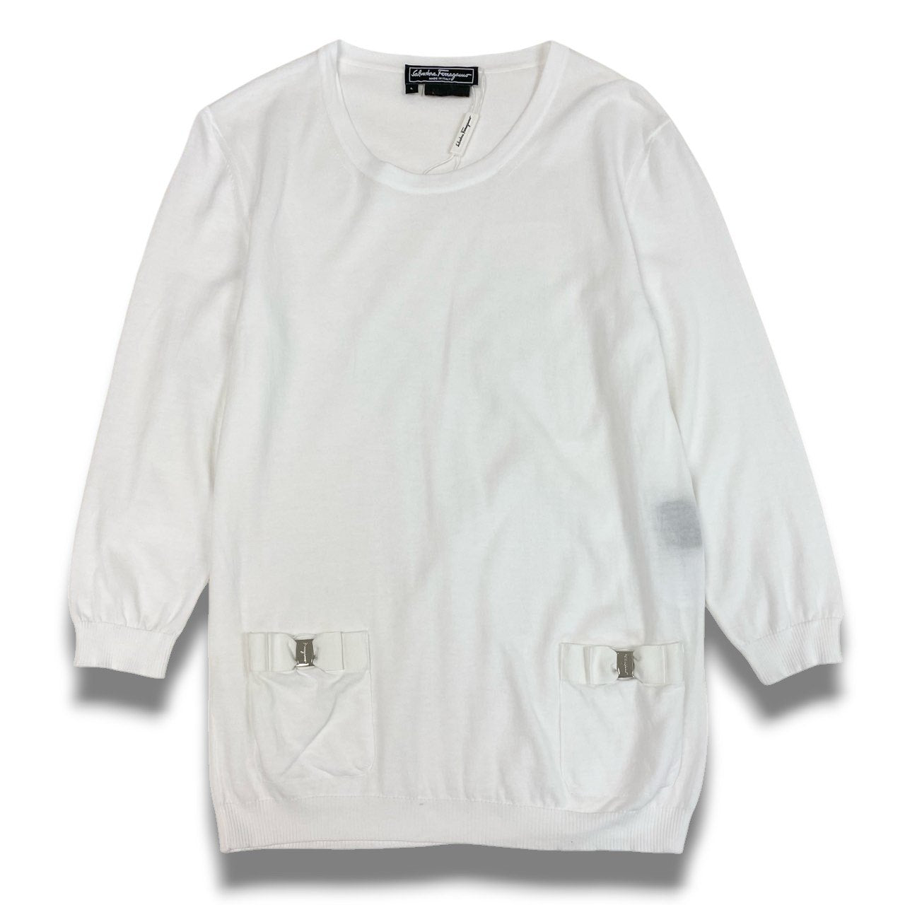 Ec2 《美品》 Salvatore Ferragamo サルヴァトーレフェラガモ ヴァラリボン ハイゲージ ニット セーター トップス L ホワイト レディースu02t