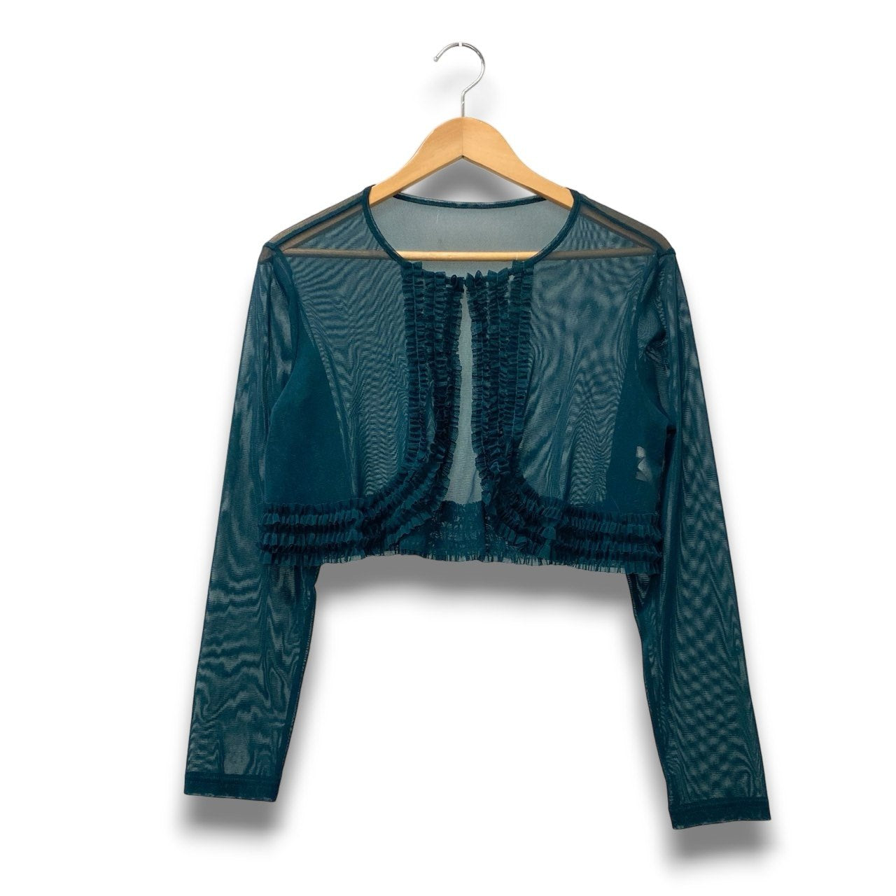 15c2 【美品】 TOKUKO 1er VOL トクコプルミエヴォル シアー フリルカーディガン ボレロ ロングスリーブ レディース 女性服 サイズ9 グリーン系 ポリエステル100％u02t