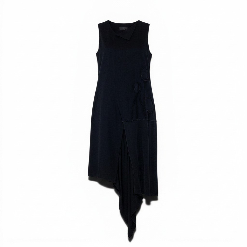 Ae27  【未使用タグ付】 Y`s ワイズ DENIM HOLE EMBROIDERY COLLAR SQARE SLEEVELESS DRESS アシンメトリー デニムワンピース YZ-D12-011-1-01 サイズ01 ブラック レディース 女性服o07t