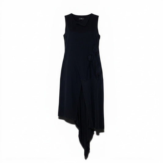 Ae27  【未使用タグ付】 Y`s ワイズ DENIM HOLE EMBROIDERY COLLAR SQARE SLEEVELESS DRESS アシンメトリー デニムワンピース YZ-D12-011-1-01 サイズ01 ブラック レディース 女性服o07t
