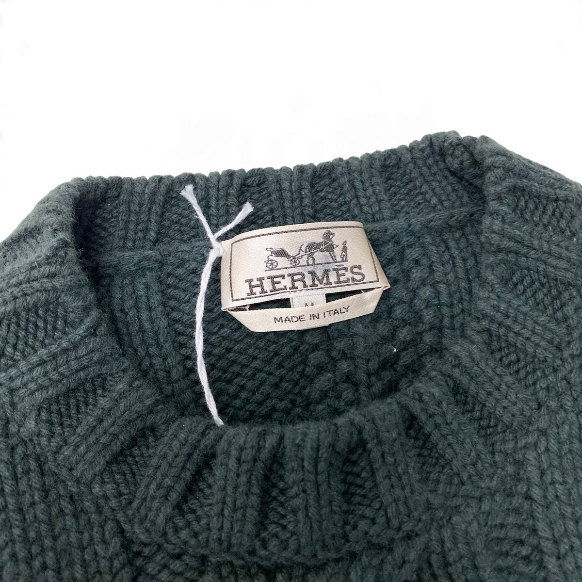 47j16 【未使用】 HERMES エルメス 22aw バイカラー ケーブル編み ニットセーター サイズM ダークグリーン ライトブルー ウール カシミヤ メンズu02t