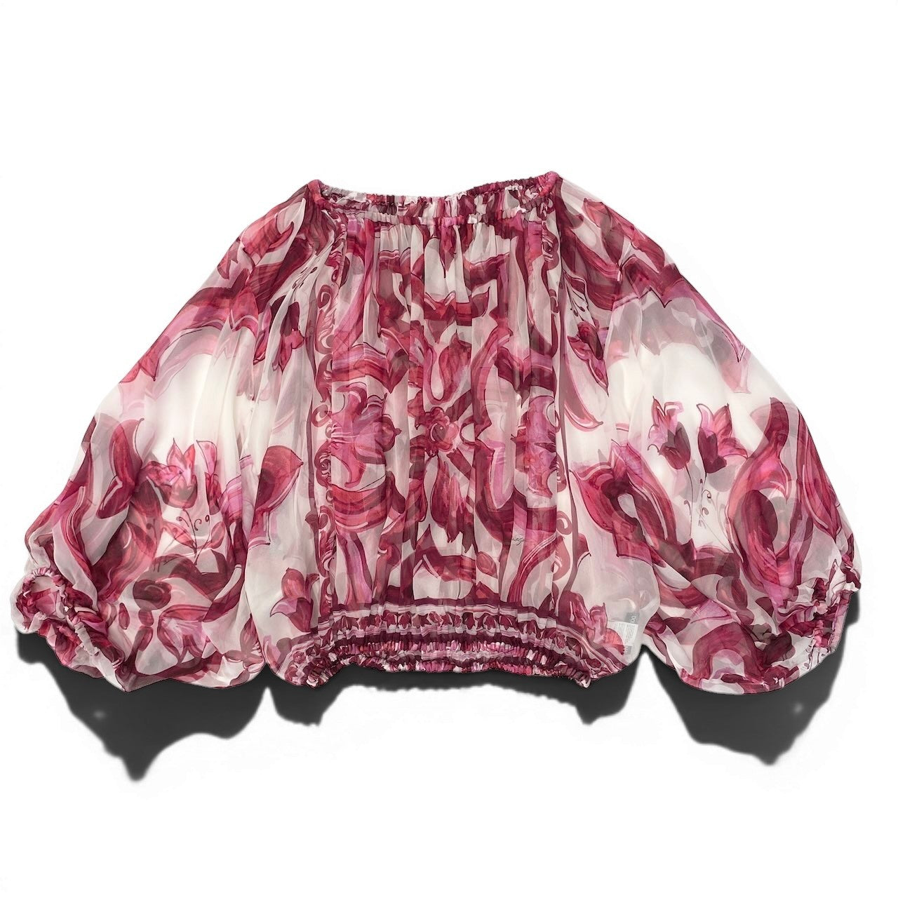 7d24 DOLCE&GABBANA ドルチェアンドガッバーナ マジョリカ シアーブラウス シルクブラウス ドルマンスリーブ パフスリーブ 総柄 マヨルカ サイズ42 マルチカラー シルク100％ レディース 女性服o07t
