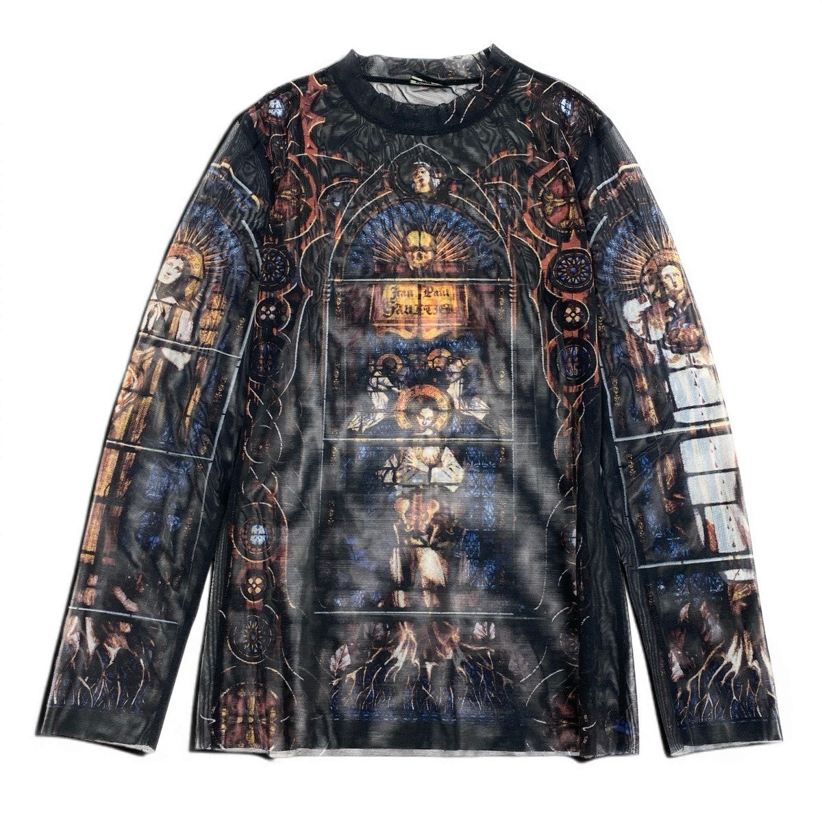Ae14 Jean Paul GAULTIER FEMME ジャンポールゴルチエ パワーネット メッシュトップス ロングスリーブ カットソー 総柄 ブラック レディース 女性服k02i