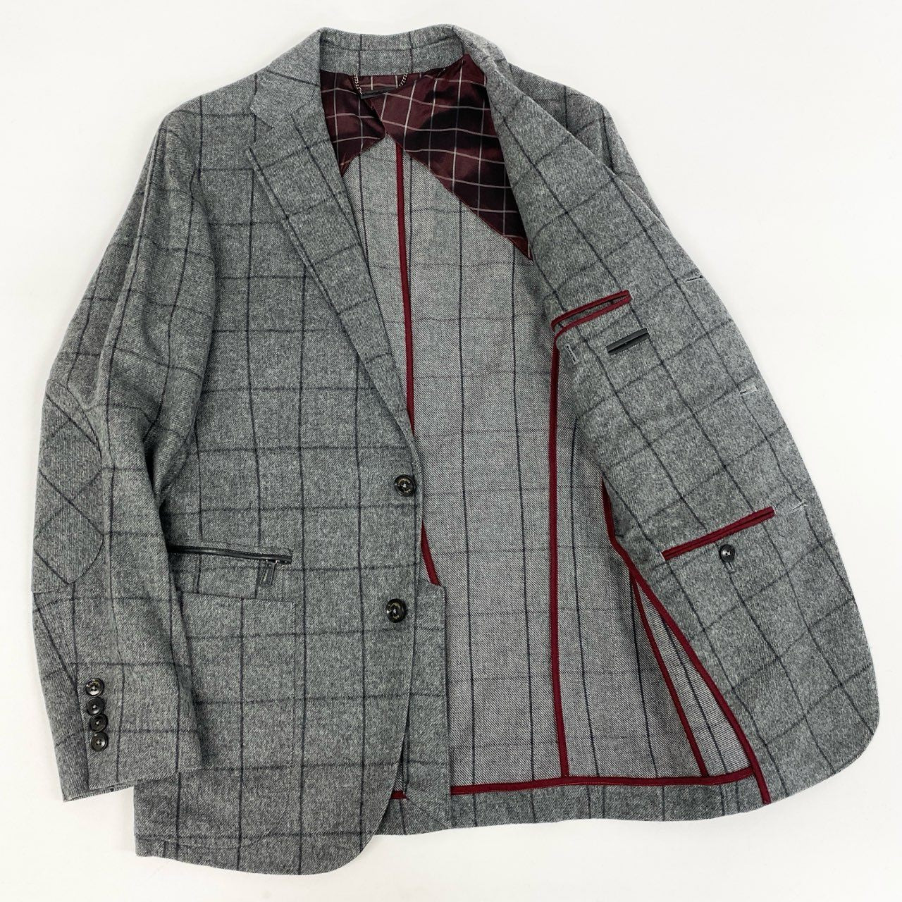 74i8 《美品》 Ermenegildo Zegna エルメネジルドゼニア テーラードジャケット レザージップ エルボーパッチ 44 グレー ウィンドペン ウール メンズu02t