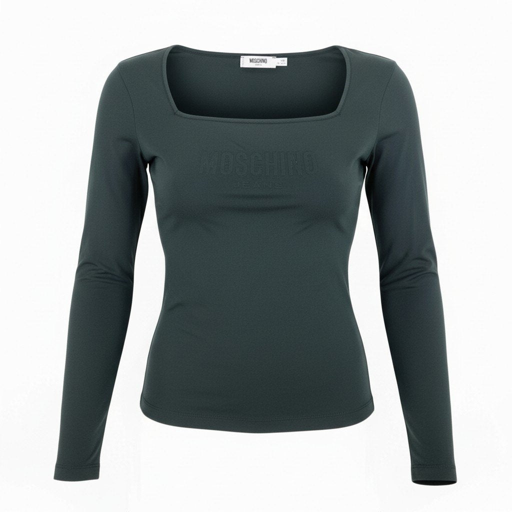 52b10 【美品】MOSCHINO モスキーノ ストレッチロングスリーブTシャツ スクエアネック エンボスロゴ 44サイズ グレー レディース 女性用u02t