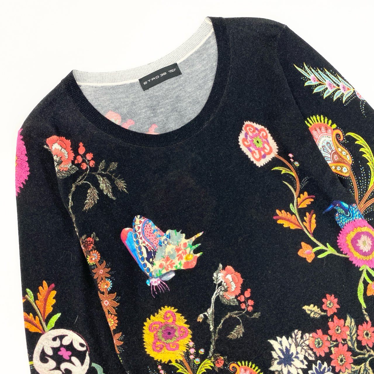 14j10 ETRO エトロ イタリア製 クルーネック ニットセーター 長袖 ロングスリーブ 花柄 鳥 蝶々  レディース 女性用 172-15641-9291 ブラック シルクカシミヤu02t