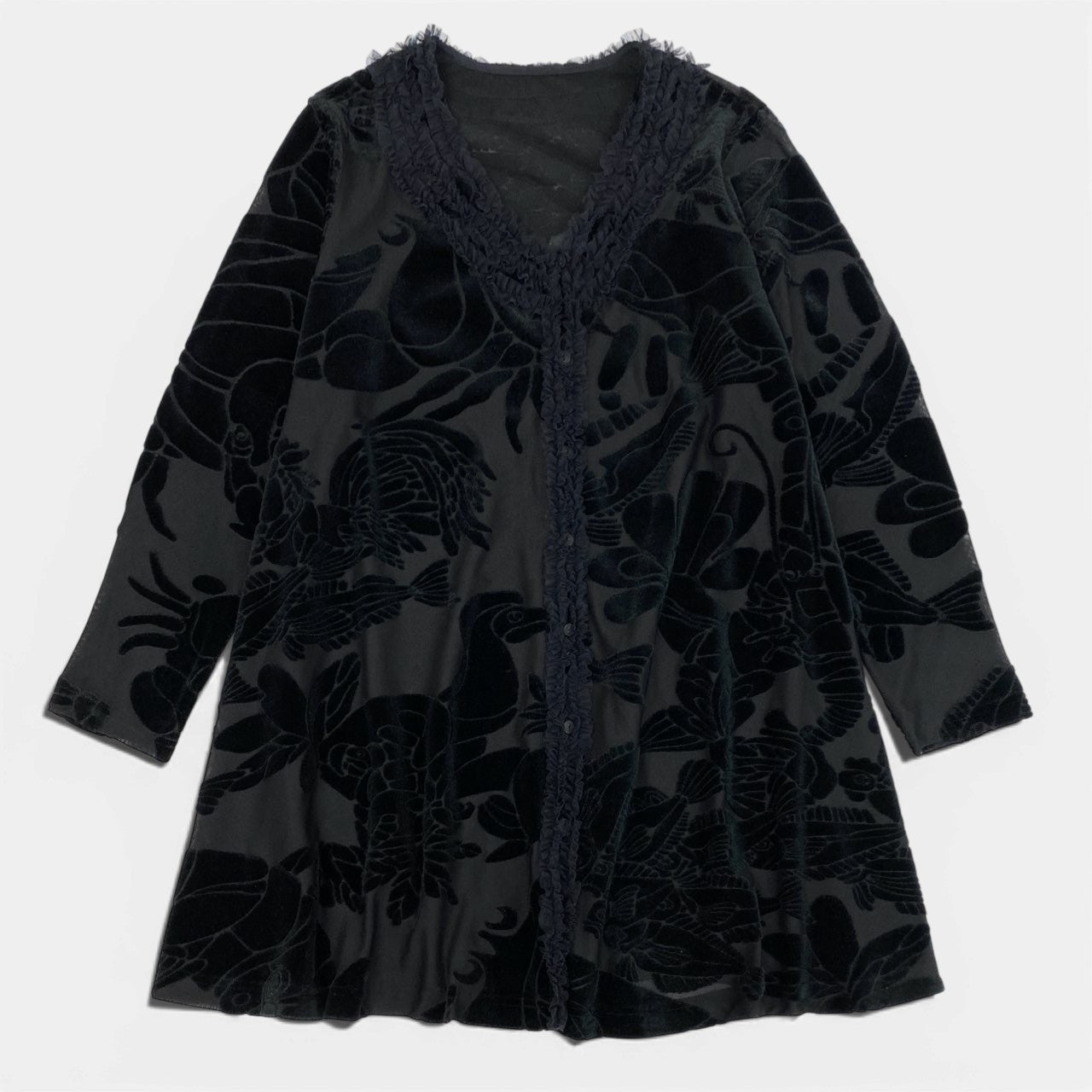 77b27 TOKUKO 1er VOL トクコプルミエヴォル ノーカラー ロングジャケット シアージャケット ロングカーディガン ベロア切替 レース 魚 総柄 レディース 女性服 サイズ9 ブラックu02t