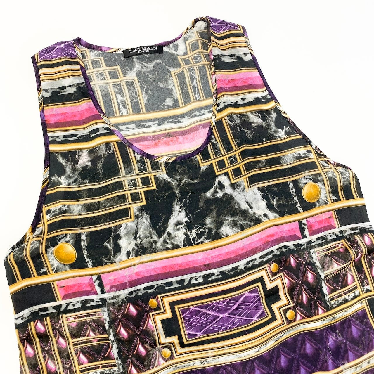 48d15 A BALMAIN バルマン ノースリーブ シルクシアートップ Sleeveless Silk Sheer Top サイズ36 パープルt18r