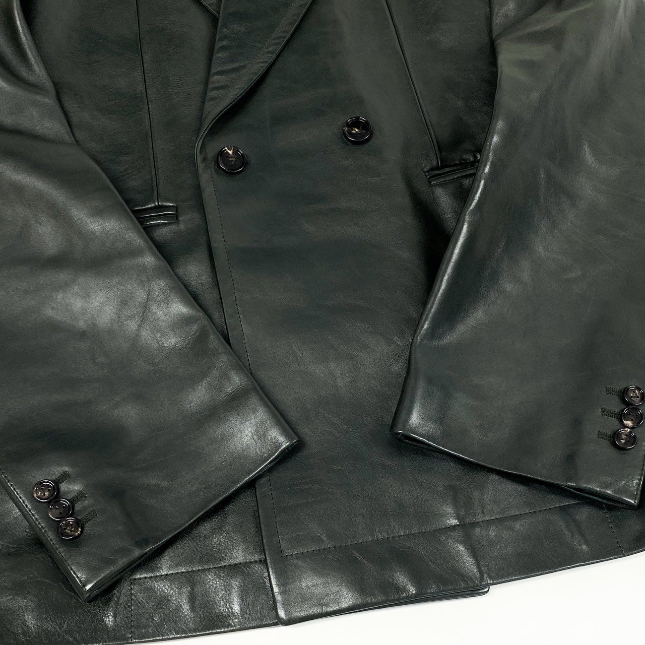 Mb16　《美品》 BOTTEGA VENETA ボッテガヴェネタ ポリッシュレザー レザーダブルコート ジャケット 716235 46 グリーン系 牛革 メンズ イタリア製ta1