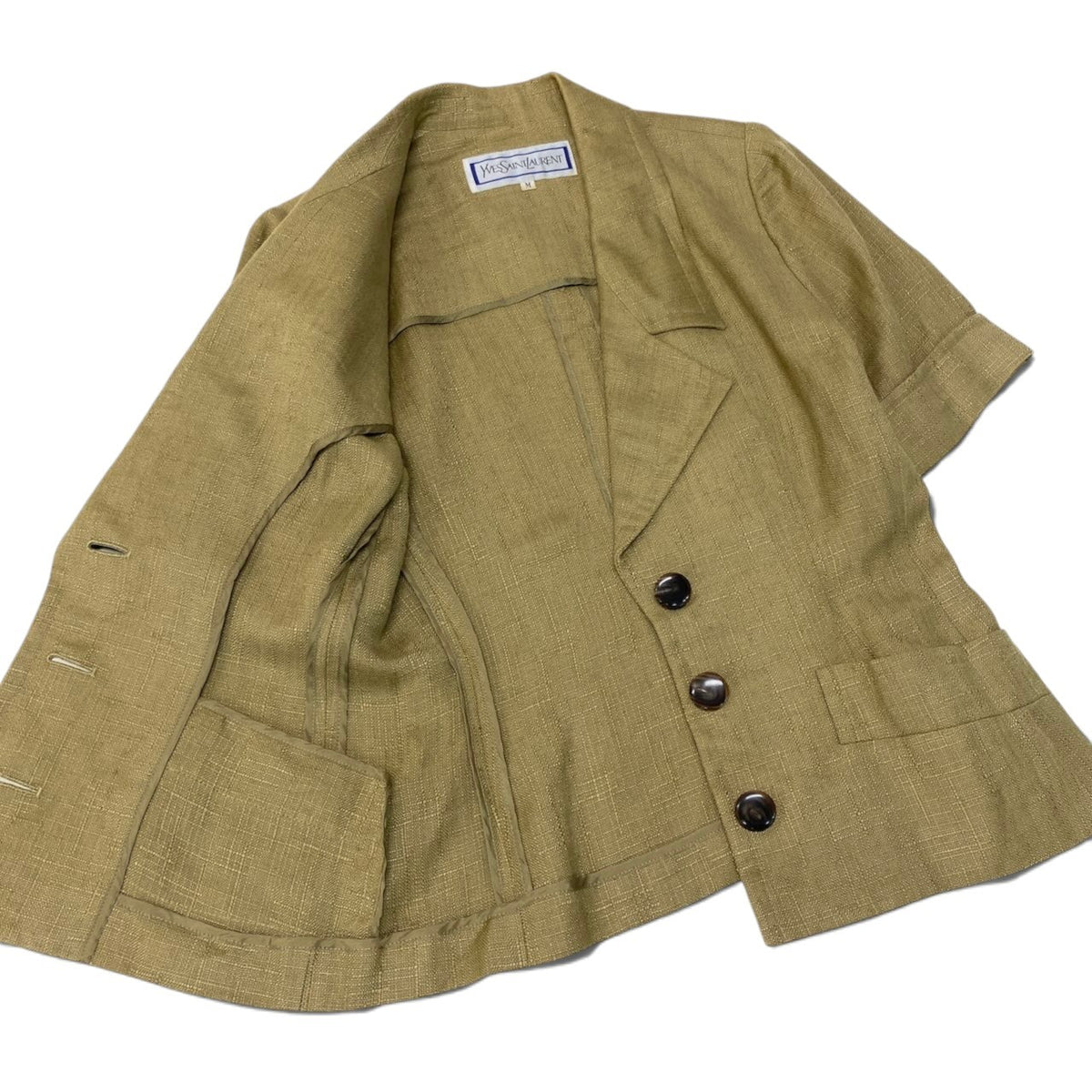 87i15 YVES SAINT LAURENT イヴサンローラン テーラードジャケット 半袖 リネン混 サイズM カーキ系 レディースo07t