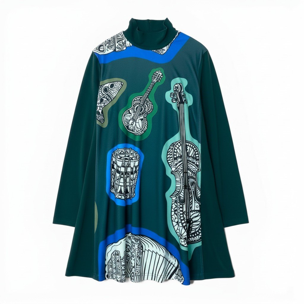 17c2 TOKUKO 1er VOL トクコプルミエヴォル ロングスリーブ チュニックワンピース ハイネック 楽器柄プリント ストレッチ レディース 女性服 サイズ9 グリーンu02t