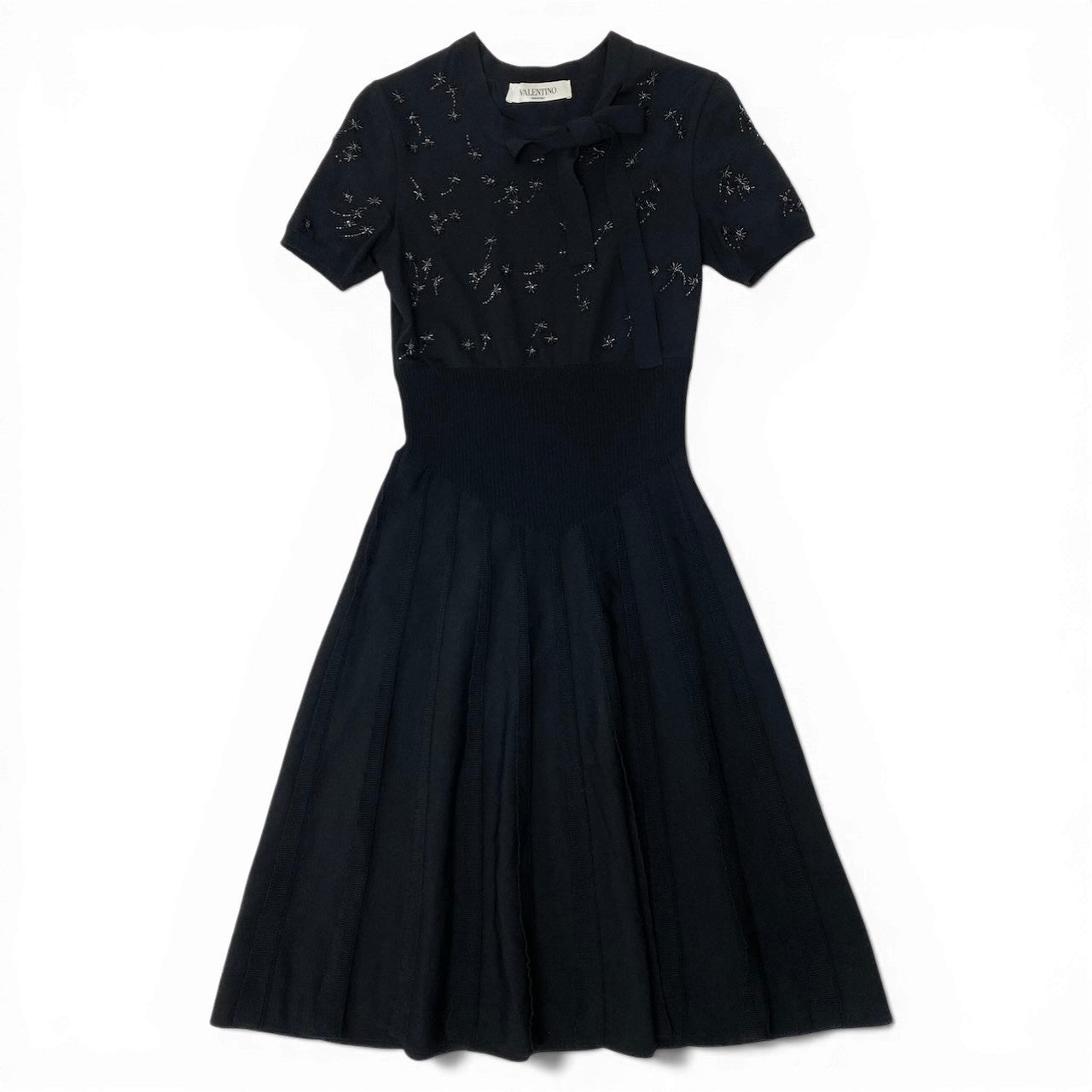 83c27 VALENTINO ヴァレンティノ ビジューリボンドレスワンピース ビーズ刺繍 ストレッチ 膝丈 NB3KD0193FG Sサイズ ブラック レディース 女性用u02t