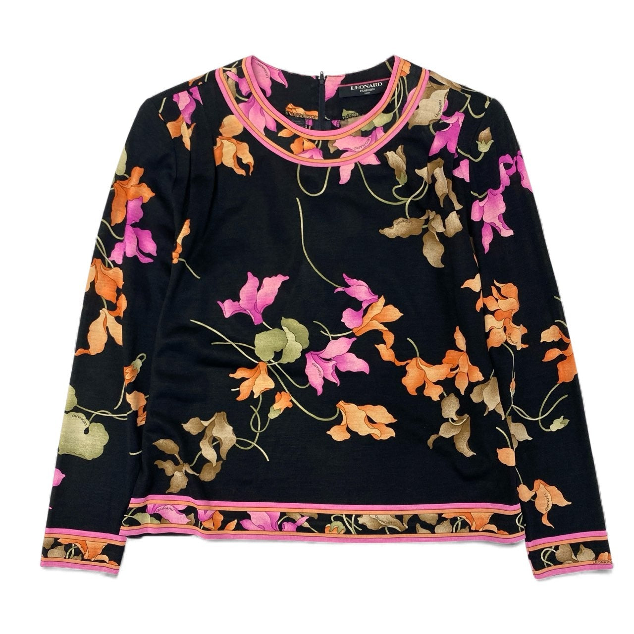 19k10 LEONARD レオナール 長袖カットソー クルーネック 花柄 トップス 0389144 Mサイズ ブラック レディースu02t