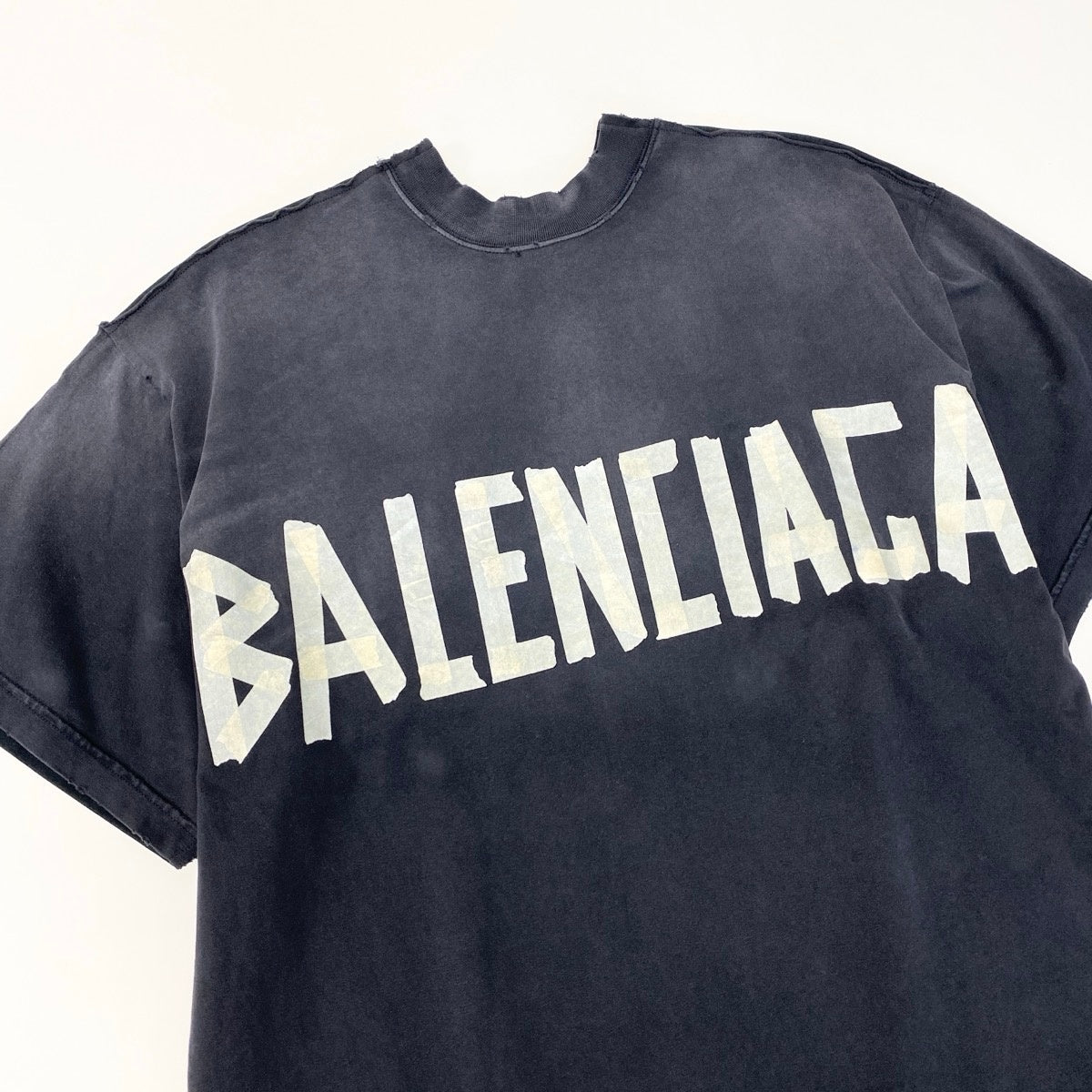 Mf12 BALENCIAGA バレンシアガ テープロゴ 半袖Tシャツ バックロゴ刺繍 ダメージ加工 サイズL ブラック コットン100％ ユニセックスk02i