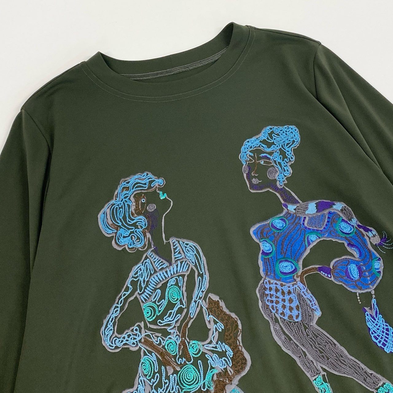 76k21《美品》 TOKUKO 1er VOL トクコプルミエヴォル ロングスリーブワンピース イラスト 刺繍 ストレッチ○ 裾切替 レディース 女性用 9 カーキu02t