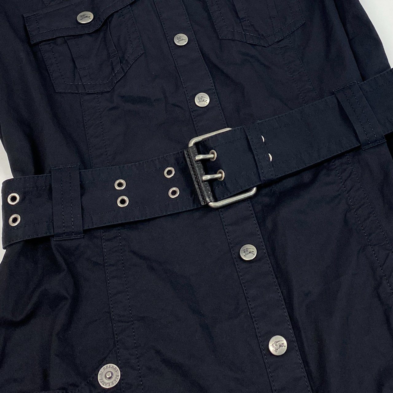 Ab9 BURBERRY BLUE LABEL バーバリー ブルーレーベル Aライン ベルテッド ワンピース ノバチェック 半袖 ホースボタン 36 ネイビー レディースk02i