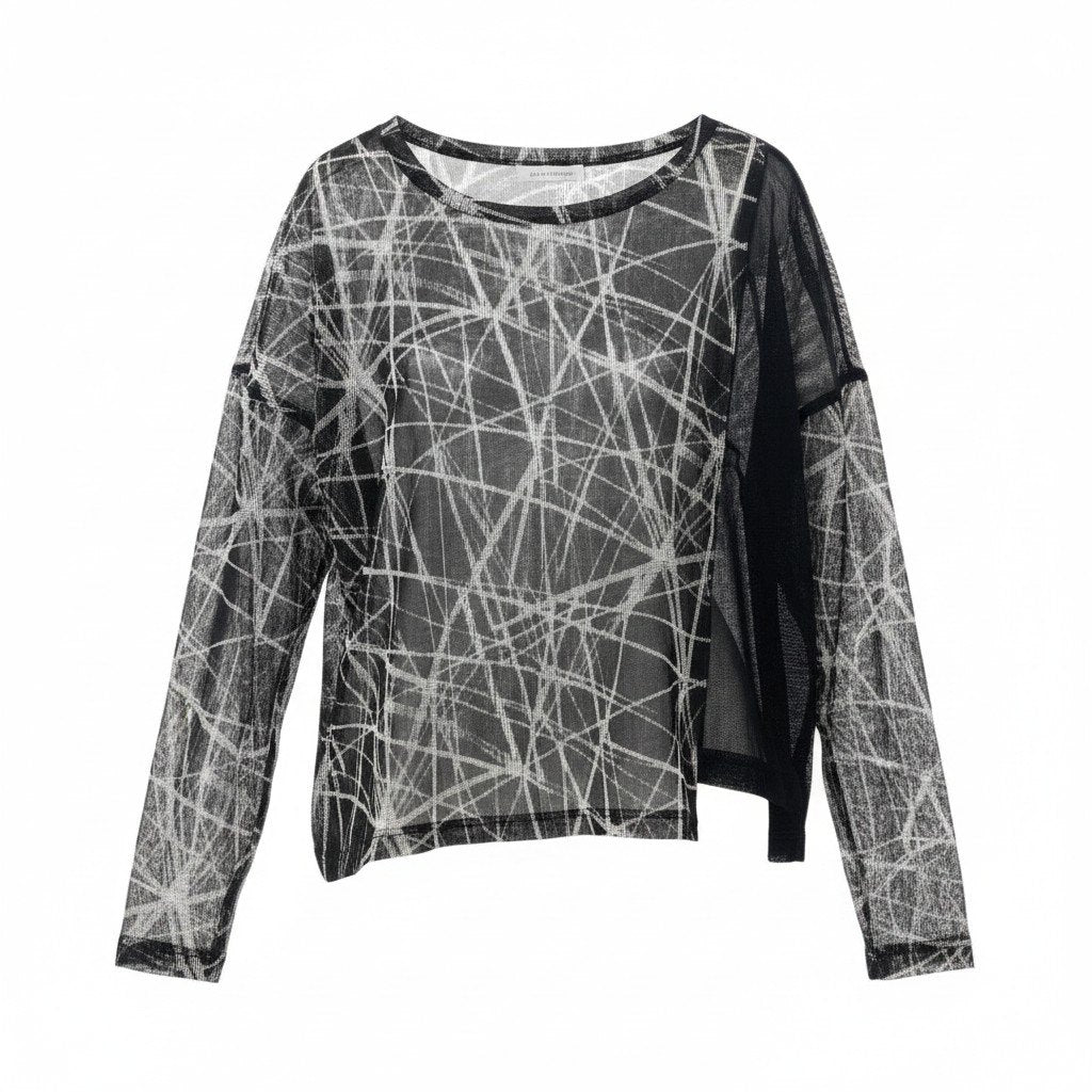 Ae26 【美品】 Y's ワイズ YOHJI YAMAMOTO ヨウジヤマモト アシンメトリー シアーメッシュ カットソー YN-T01-959 サイズ2 ブラック ポリエステル100％ レディース 女性服u02t