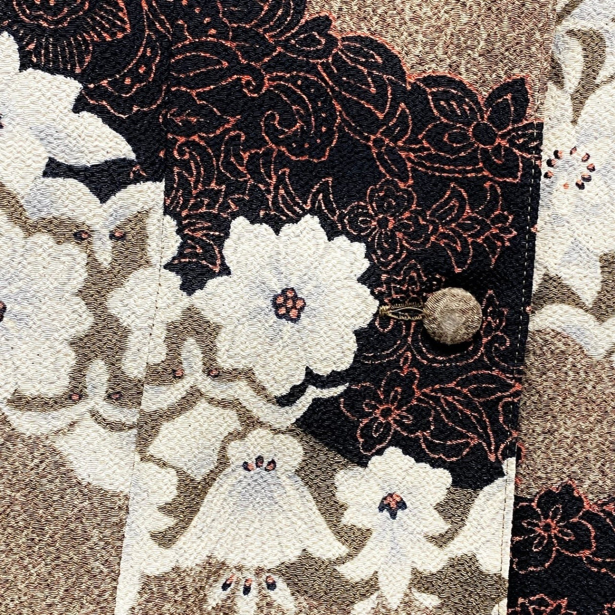 67e14【美品】詩仙堂 シセンドウ 半袖シャツワンピース ちりめん素材 総柄 日本製 ベージュ系 ポリエステル100％ レディース 女性用u02t