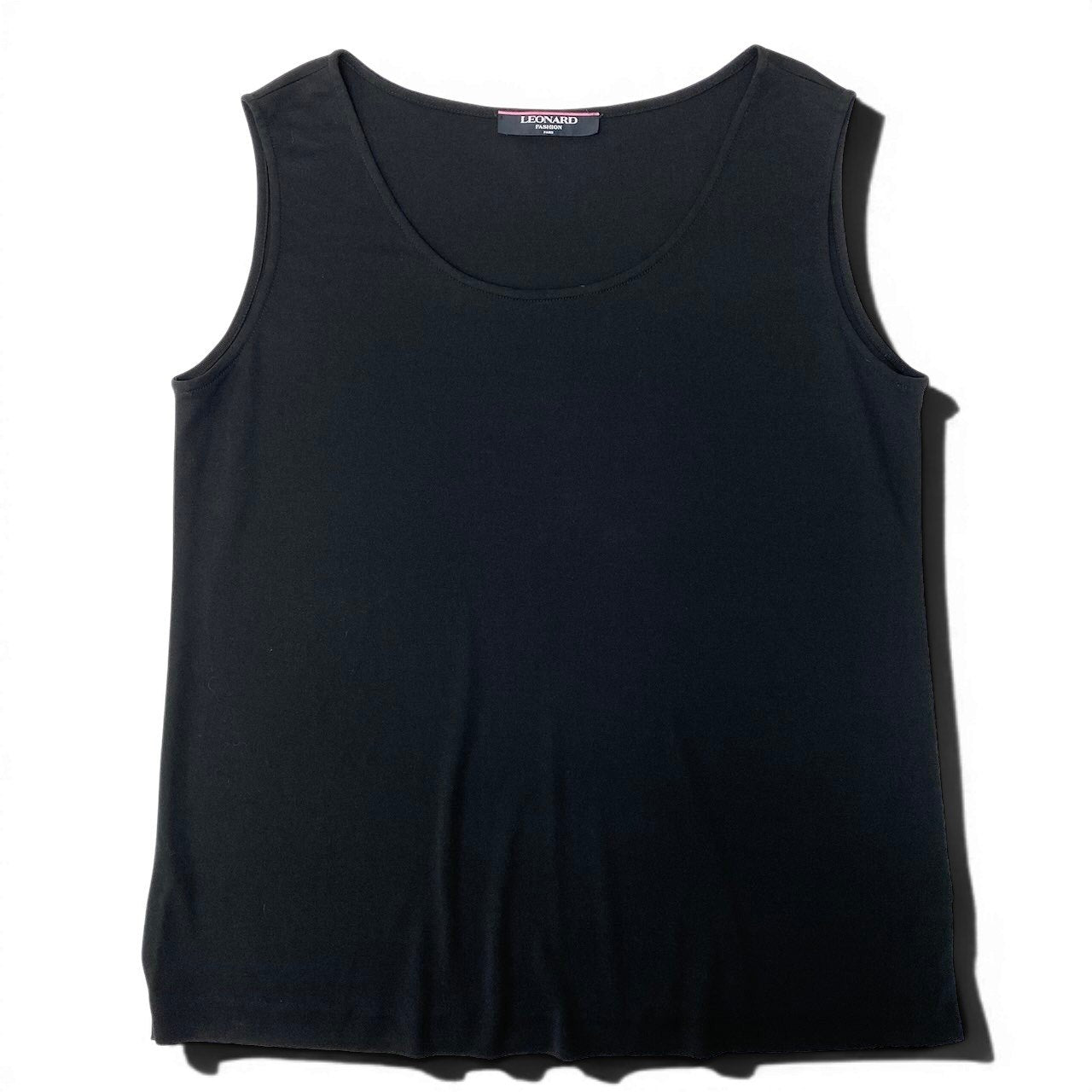 48ⅾ15 LEONARD FASHION レオナール ノースリーブカットソー カンカン素材 薄手 トップス サイズL 無地 ブラック レディース 女性用u02t