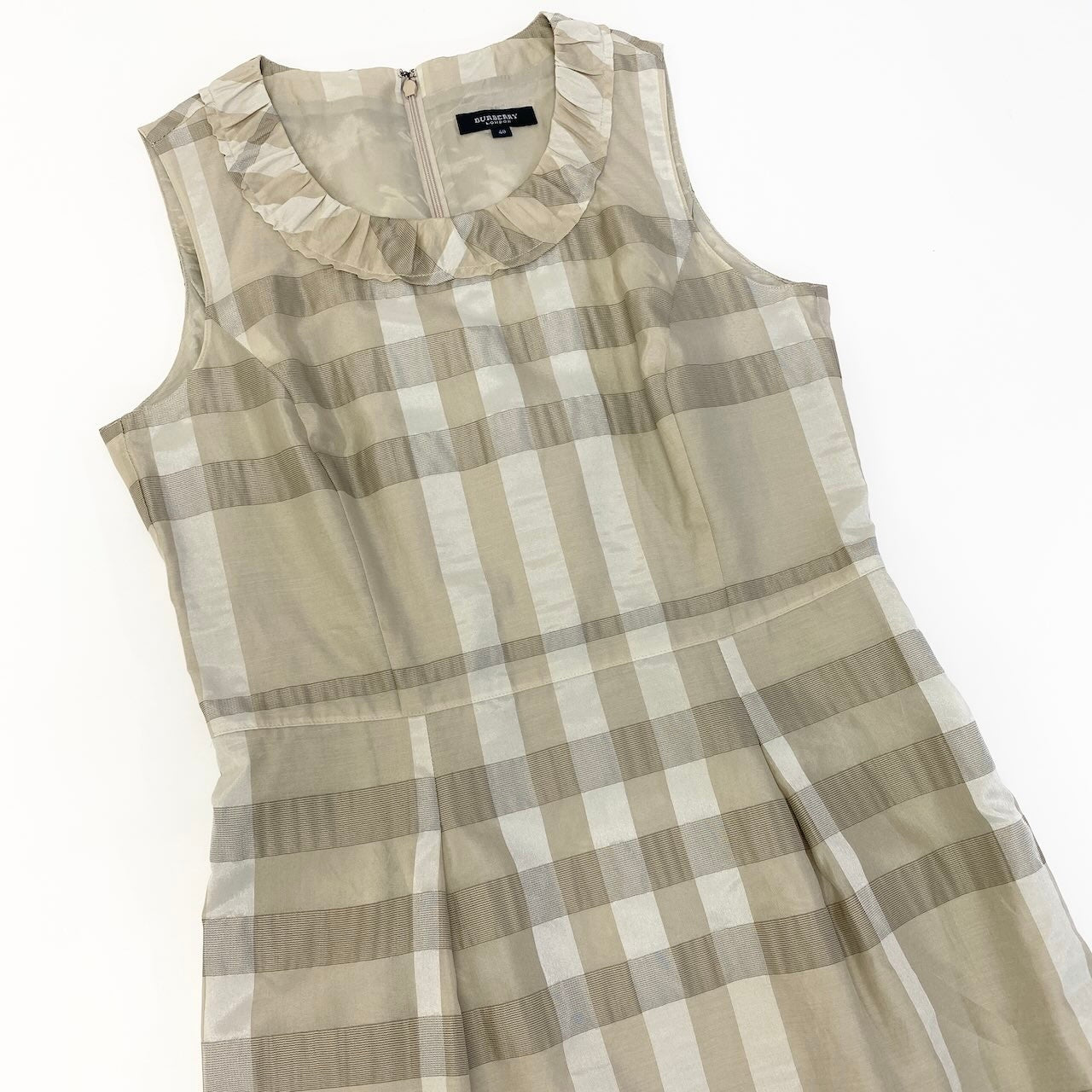 59d28 BURBERRY LONDON バーバリーロンドン ノースリーブワンピース 膝丈ワンピース チェック柄 シルクブレンド サイズ40 ベージュ系 レディース 女性用u02t