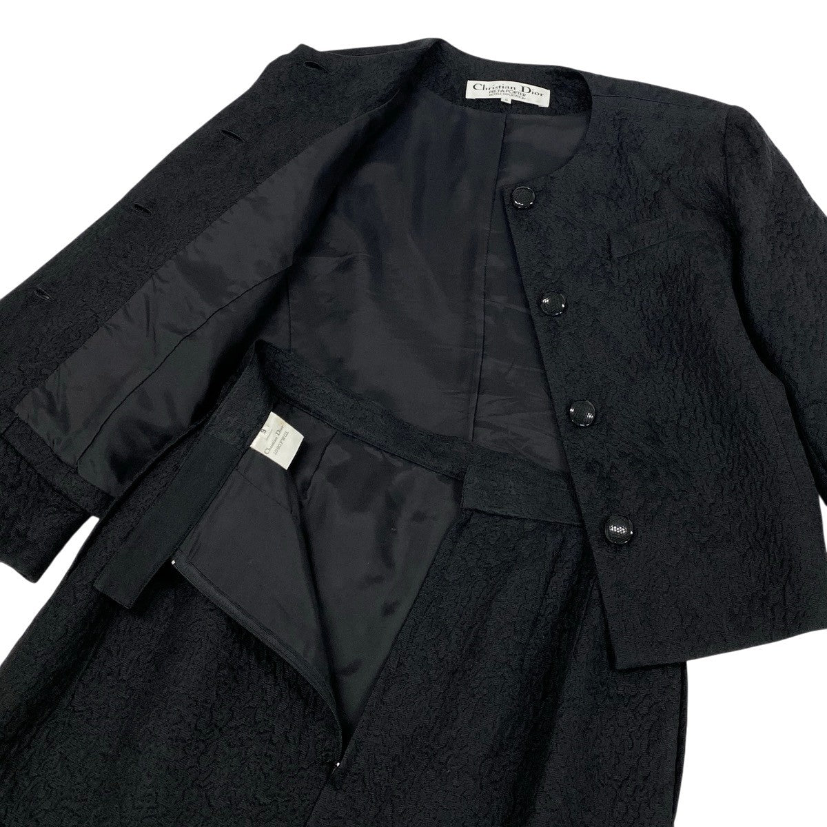 Ee28 Christian Dior クリスチャンディオール ジャガード セットアップスカート ノーカラージャケット フォーマル シルクウール混 サイズ9 ブラック レディースu02t