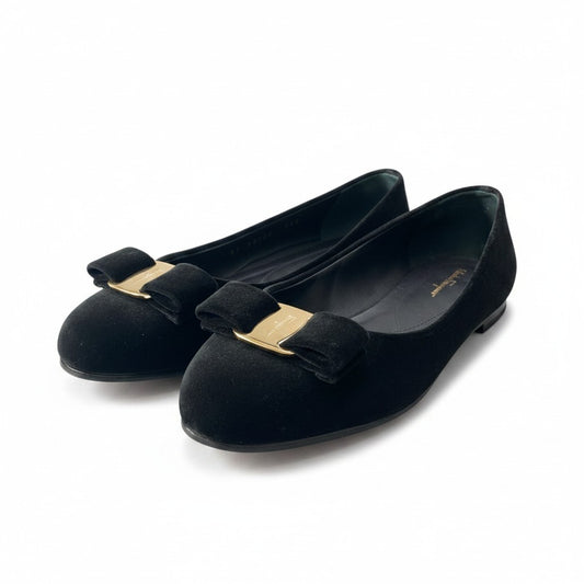 3d23 Salvatore Ferragamo サルヴァトーレフェラガモ VARINA ヴァリナ フラットパンプス バレエシューズ ヴァラリボン ベロア 0679013 6 1/2 ブラック レディース 女性靴k02i