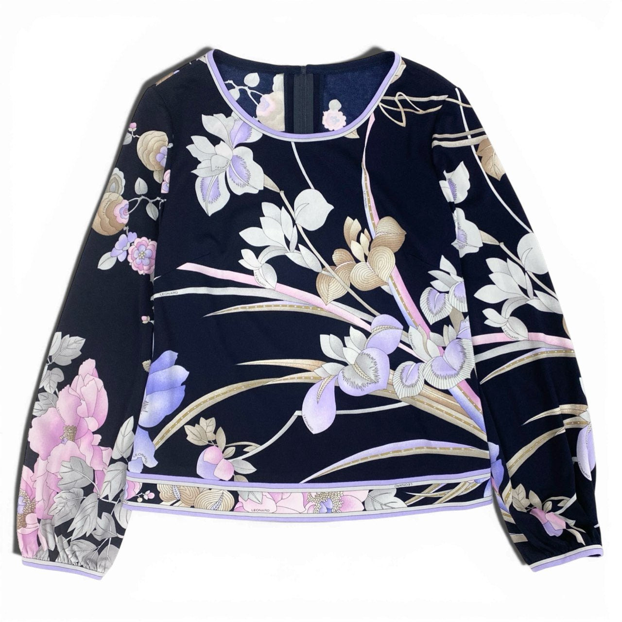 6b12 LEONARD レオナール ロングスリーブカットソー カンカン素材 美しい花柄プリント 0179513 Lサイズ ネイビー レディース 女性用u02t