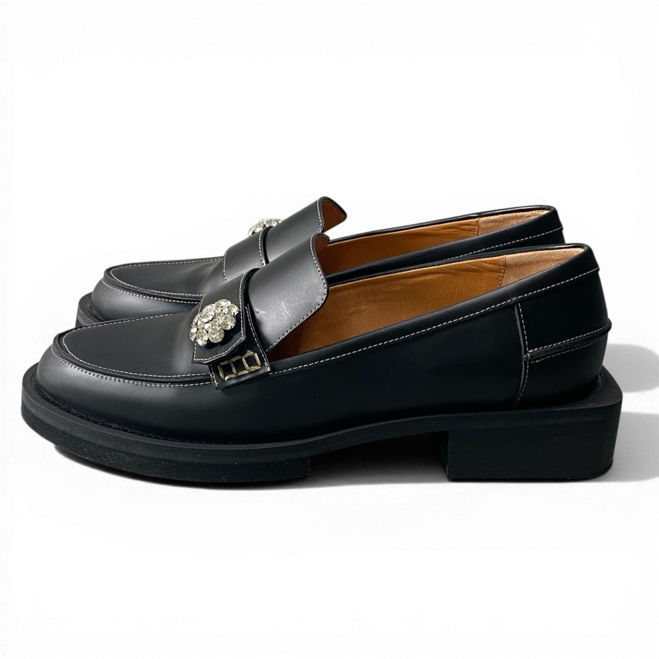 1c23 GANNI ガニ― クリスタルボタン付き レザーローファー ビジュー 革靴 フラットシューズ レディース 女性用 40 ブラックu02t