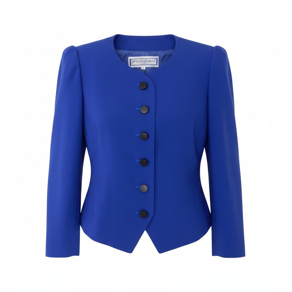 88g20 【美品】YVESAINTLAURENT イヴサンローラン パフショルダージャケット ノーカラージャケット アウター Sサイズ ブルー ウール100％ レディース 女性用u02t