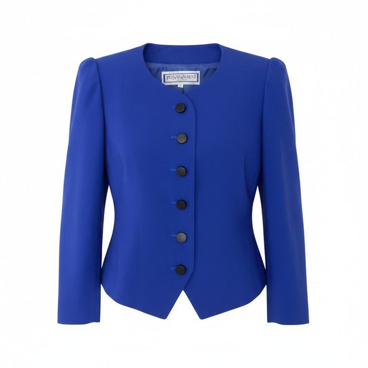 88g20 【美品】YVESAINTLAURENT イヴサンローラン パフショルダージャケット ノーカラージャケット アウター Sサイズ ブルー ウール100％ レディース 女性用u02t