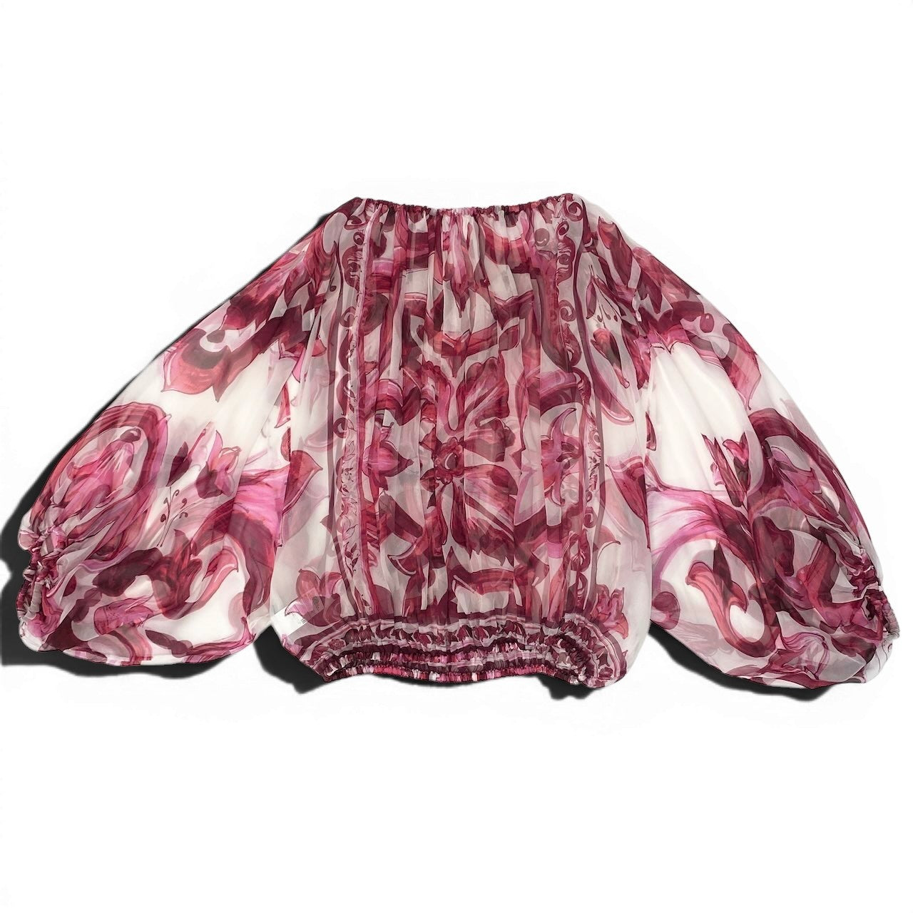 7d24 DOLCE&GABBANA ドルチェアンドガッバーナ マジョリカ シアーブラウス シルクブラウス ドルマンスリーブ パフスリーブ 総柄 マヨルカ サイズ42 マルチカラー シルク100％ レディース 女性服o07t