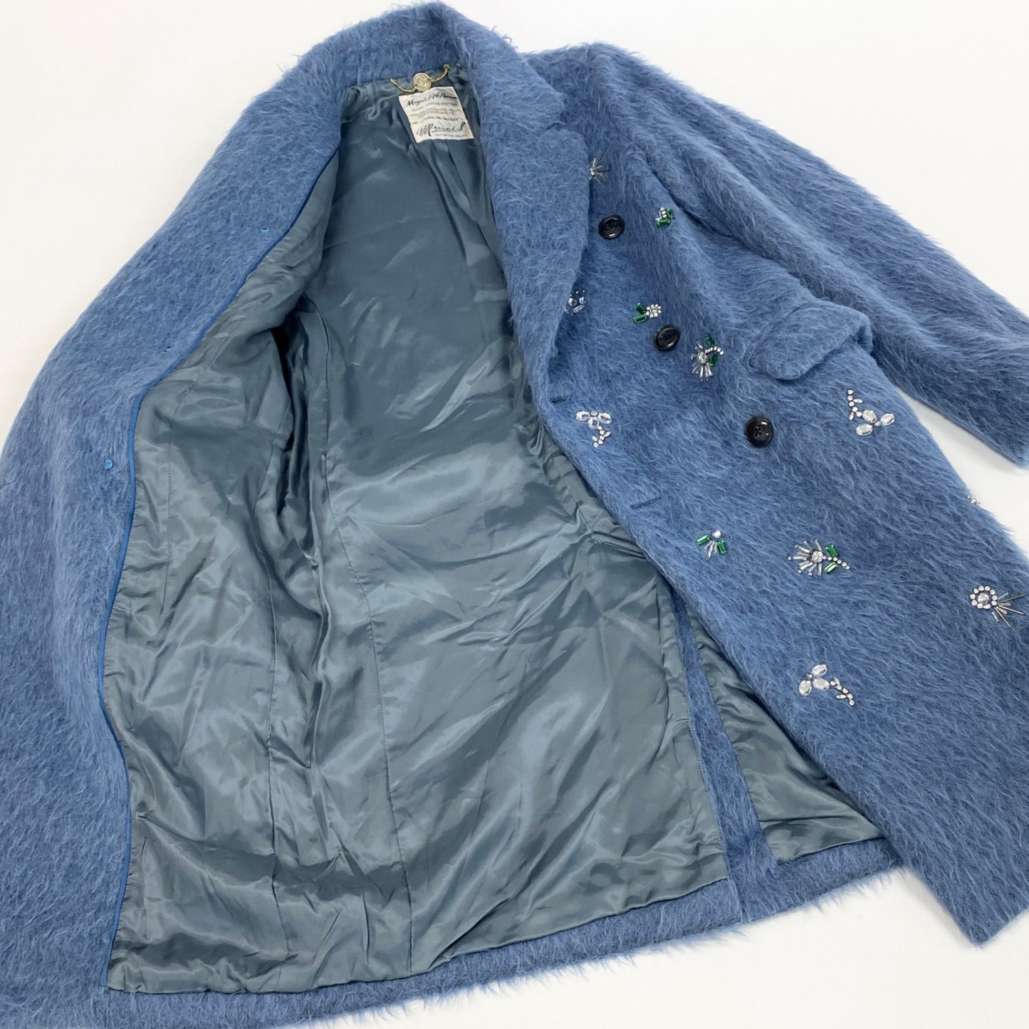 28k6【美品】MUVEIL ミュベール シャギーコート ロングコート ビジュー アウター MA43FC003 36サイズ ブルー レディースu02t