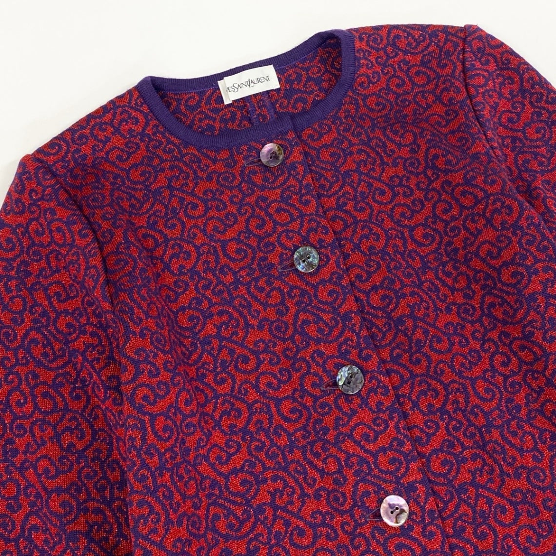 65f2 YVES SAINT LAURENT イヴサンローラン ノーカラー ニットカーディガン ラメニット 総柄 バイカラー サイズM パープル レッド ウール100％ レディース 女性服o07t