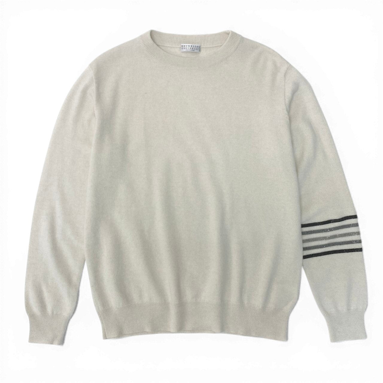 E BRUNELLO CUCINELLI ブルネロクチネリ ロングスリーブカシミヤニット ニットセーター ビーズボーダー トップス XSサイズ アイボリー グレー カシミヤ100％ メンズ 男性用nu1