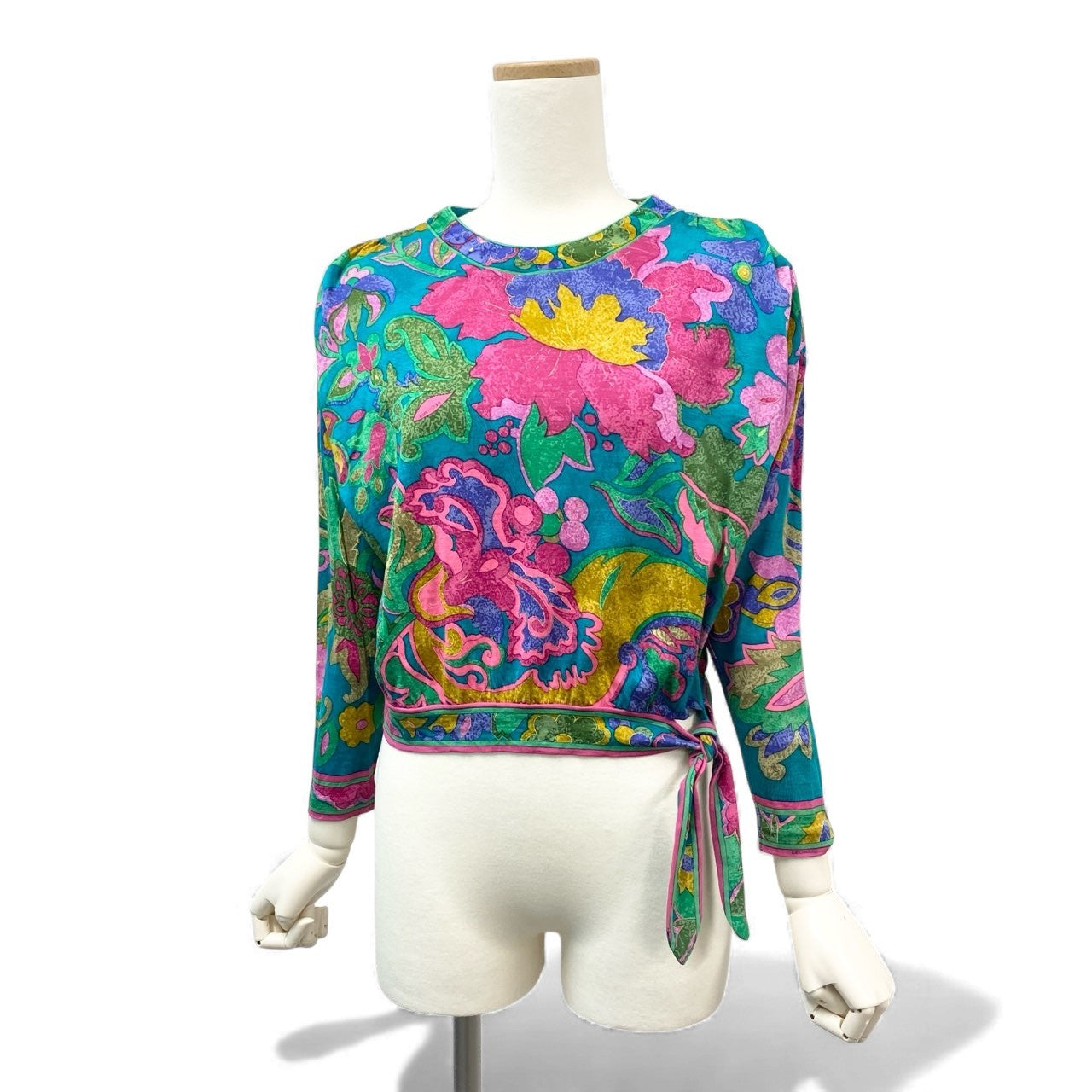 21k11 LEONARD レオナール ロングスリーブ カットソー 美しい花柄プリント ドルマンスリーブ 裾リボン レディース S グリーン系 ウールシルクu02t