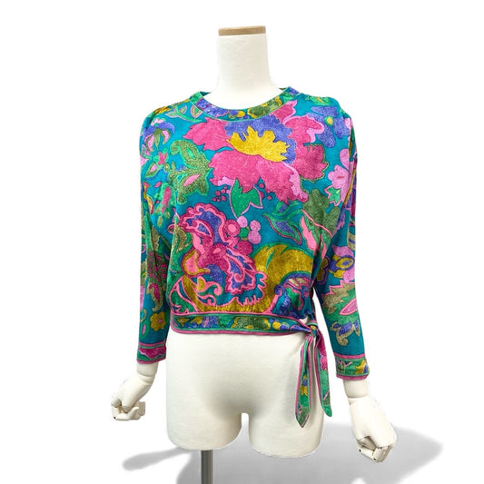 21k11 LEONARD レオナール ロングスリーブ カットソー 美しい花柄プリント ドルマンスリーブ 裾リボン レディース S グリーン系 ウールシルクu02t