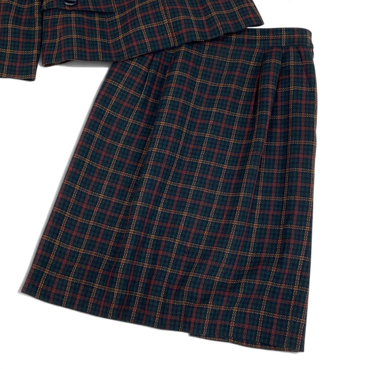 78j6 YVESAINTLAURENT イヴサンローラン セットアップ チェック柄 テーラードジャケット スカート 36サイズ グリーン系 レディース 女性用u02t
