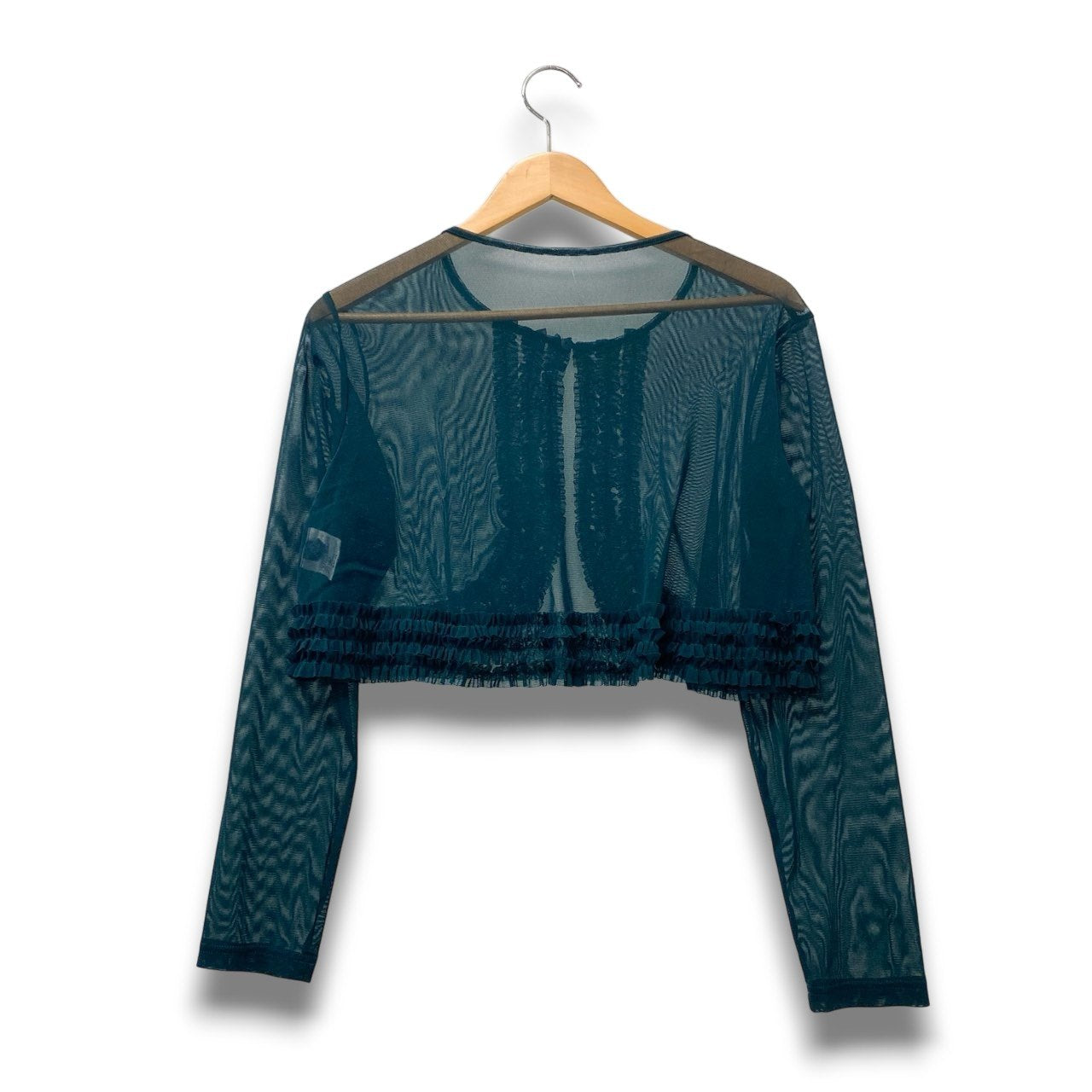 15c2 【美品】 TOKUKO 1er VOL トクコプルミエヴォル シアー フリルカーディガン ボレロ ロングスリーブ レディース 女性服 サイズ9 グリーン系 ポリエステル100％u02t