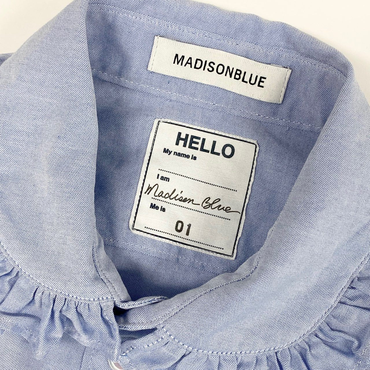 37a16 MADISON BLUE マディソンブルー ROUND COLLAR FRILL SH L.OX フリルシャツ ラウンドカラー 長袖シャツ ロングスリーブ ワンポイント刺繍 MB234-5002 01 Sサイズ ブルー コットン