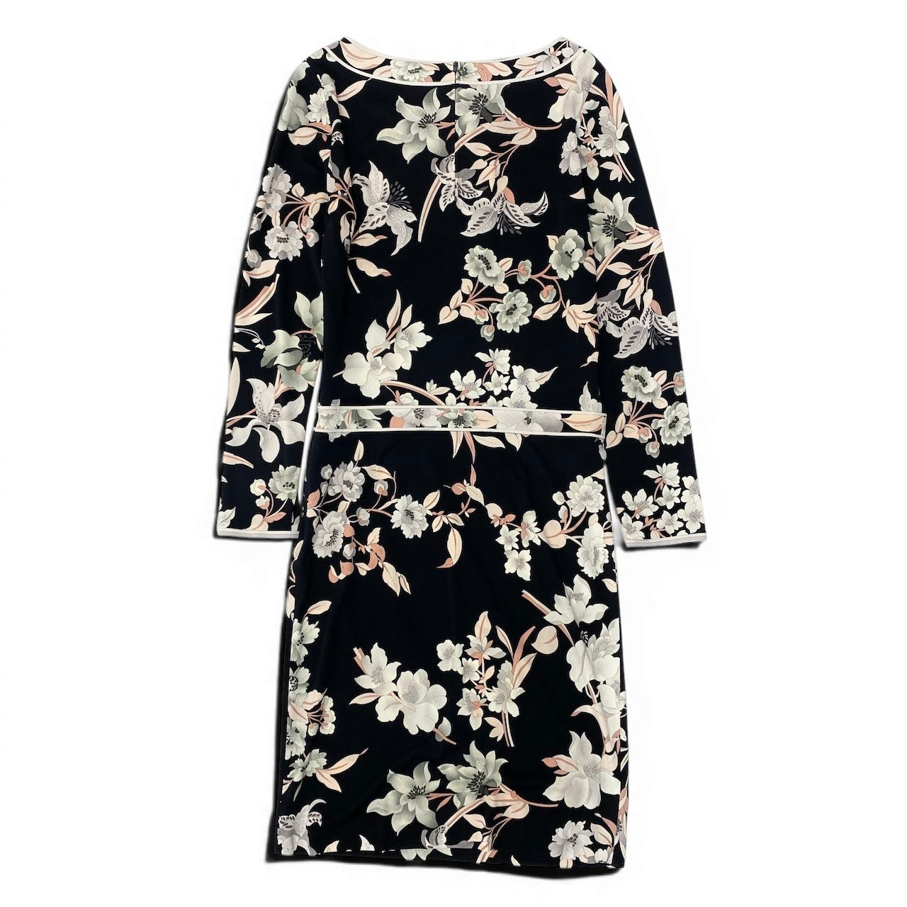 13e8 LEONARD FASHION レオナール ロングスリーブワンピース  美しい花柄プリント カンカン素材 ウエスト切替 0160223 サイズ36 ブラック レディース 女性用u02t