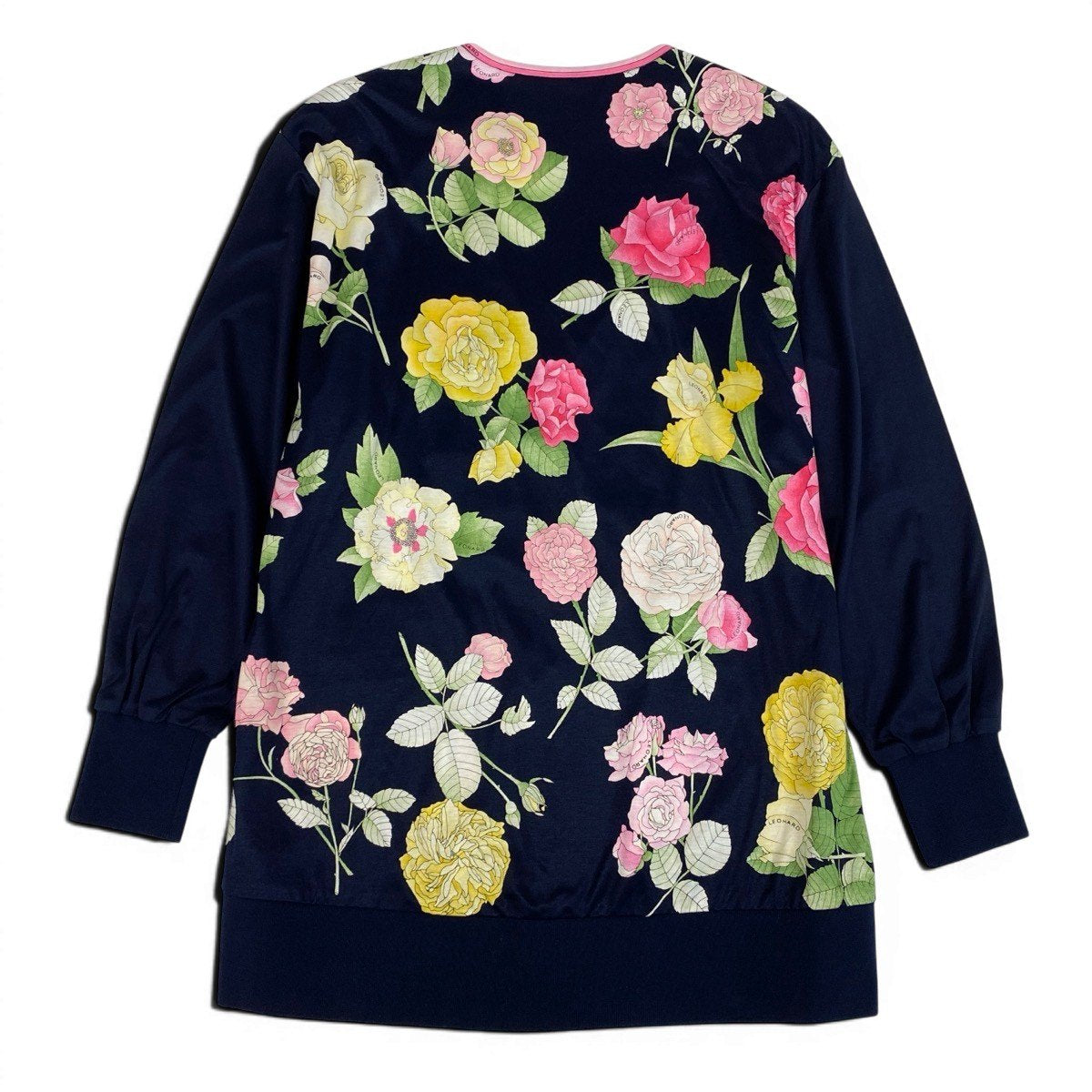 73f9 【美品】 LEONARD FASHION レオナール ノーカラー ロングジャケット カーディガン  美しい花柄プリント 金ボタン サイズM ネイビー コットン100％ レディース 女性服u02t