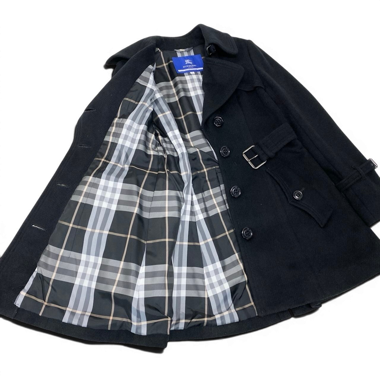 89g20 BURBERRY LONDON BLUE LABEL バーバリーロンドン ブルーレーベル ウールトレンチコート アンゴラ混 裏地ノバチェック サイズ40 ブラック レディース 女性用o07t